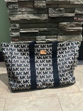 Michael Kors Navy and White MK Signature Tote